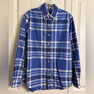 Ralph Lauren Blue and White Plaid Button-Down Shirt with Polo Logo Size M